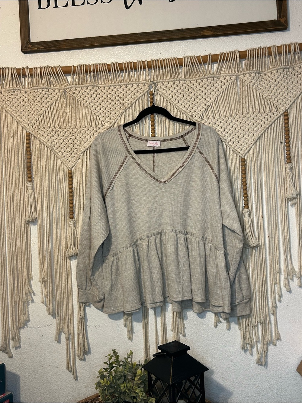 Pink Lily Cream V-Neck Sweater with Brown Contrast Stitching
